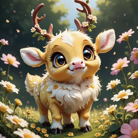 score_9, score_8_up, score_7_up, score_6_up, score_5_up, score_4_up,UHD, adorable creature with antlers and hooves, pink and yellow long fur, cute, fangs, field of flowers