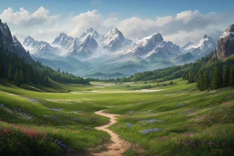 a photorealistic landscape with very close high mountains across the horizon, with lots of fields, woods and meadows stretching out before them, ultra realistic, highly detailed, RAW photo, (masterpiece:1.3), subsurface scattering, heavy shadow, professional photography
