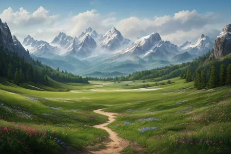 a photorealistic landscape with very close high mountains across the horizon, with lots of fields, woods and meadows stretching out before them, ultra realistic, highly detailed, RAW photo, (masterpiece:1.3), subsurface scattering, heavy shadow, professional photography