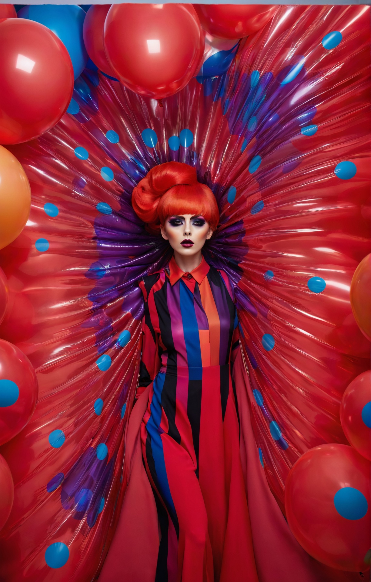 (art), [ red canvas, paint daub, colorful splatter, ink dripping : fashion photoshoot, avant garde, close-up of a woman peaking through balloons, bold colors, bold makeup : 6 ] <lora:xslxartv4:0.65>
