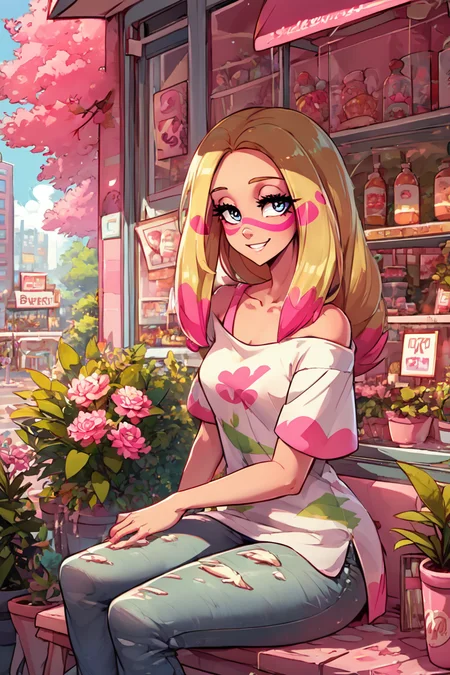 score_9, score_8_up, score_8, medium breasts, (curvy), cute, eyelashes,      rating safe,   smile, looking at viewer, sitting,  BREAK, zzMina, long hair, eyelashes, half-closed eyes, facepaint, collarbone, white shirt, oversized shirt, off shoulder, short sleeves, torn clothes, torn pants, jeans, <lora:Mina_Pokemon_PDXL_Citron:0.8>,  BREAK, pnkBldng in background, tree, no humans, window, animal, plant, pink flower, sign, potted plant, pink theme, shop, spring (season), storefront, BREAK,  embedding:zPDXL, Expressiveh,   <lora:PinkBuildingsPDXL_v2:0.6>,  <lora:SDXLFaeTastic2400:0.5>,  <lora:Expressive_H-000001:0.4>,