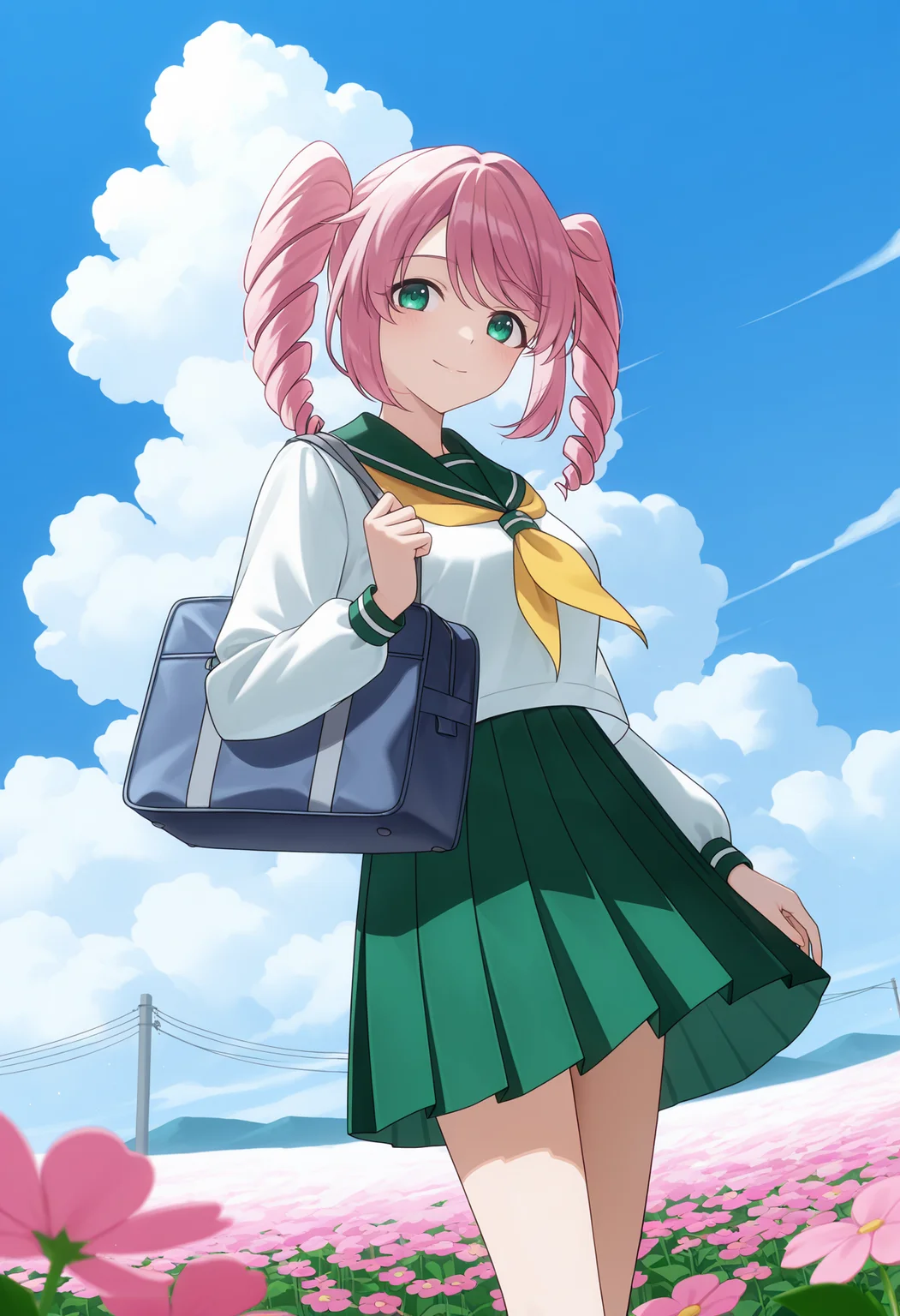 <lora:Haruka Hanabishi_illustrious-000036:1>,Haruka Hanabishi, solo, school uniform, skirt, green skirt, green sailor collar, bag, flower, outdoors, serafuku, pleated skirt, twin drills, sky, day, twintails, neckerchief, sailor collar, school bag, long sleeves, shirt, closed mouth, smile, white shirt, cloud, standing, looking at viewer, yellow neckerchief, blue sky, pink flower