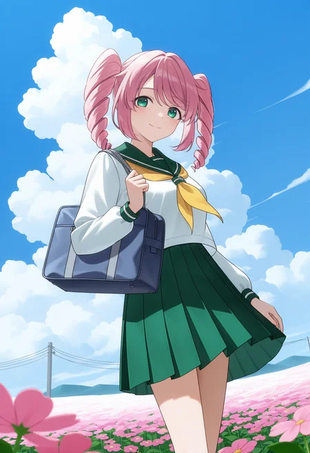 <lora:Haruka Hanabishi_illustrious-000036:1>,Haruka Hanabishi, solo, school uniform, skirt, green skirt, green sailor collar, bag, flower, outdoors, serafuku, pleated skirt, twin drills, sky, day, twintails, neckerchief, sailor collar, school bag, long sleeves, shirt, closed mouth, smile, white shirt, cloud, standing, looking at viewer, yellow neckerchief, blue sky, pink flower
