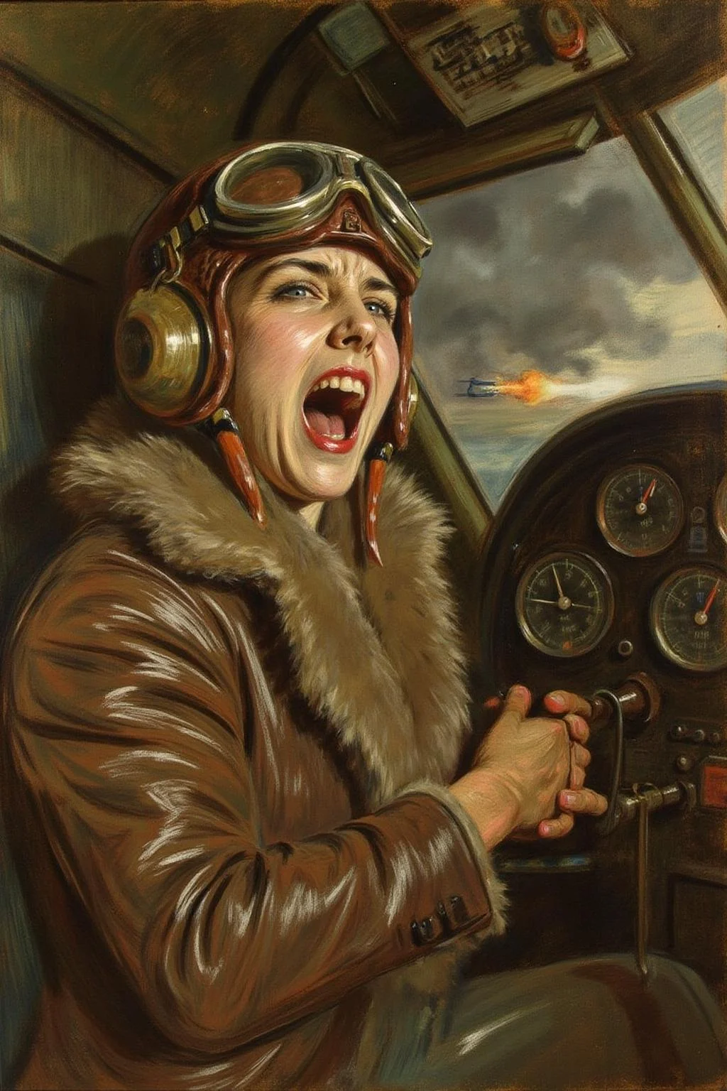 paulcesarhelleu1 illustration.
A female pilot screaming inside the cockpit of a World War II bomber. The pilot, wearing a vintage leather flight helmet with goggles and a bomber jacket, grips the controls with white-knuckled hands. Her face is contorted in a mix of fear and determination as she yells, her eyes wide with adrenaline. The cockpit is cramped and filled with old-fashioned dials and gauges, with the outside view showing dark stormy clouds and distant anti-aircraft fire
<lora:paulcesarhelleu1_cap_d6a3e11:0.8><lora:844399087596957684:0>