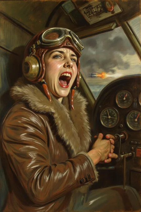 paulcesarhelleu1 illustration.
A female pilot screaming inside the cockpit of a World War II bomber. The pilot, wearing a vintage leather flight helmet with goggles and a bomber jacket, grips the controls with white-knuckled hands. Her face is contorted in a mix of fear and determination as she yells, her eyes wide with adrenaline. The cockpit is cramped and filled with old-fashioned dials and gauges, with the outside view showing dark stormy clouds and distant anti-aircraft fire
<lora:paulcesarhelleu1_cap_d6a3e11:0.8><lora:844399087596957684:0>