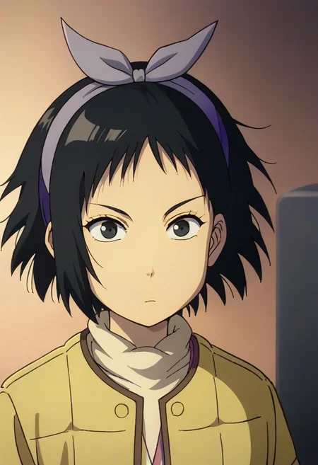 Totori, short hair, black hair, black eyes, yellow jacket, purple hairband, <lora:HeavenlyDelusion:1>,