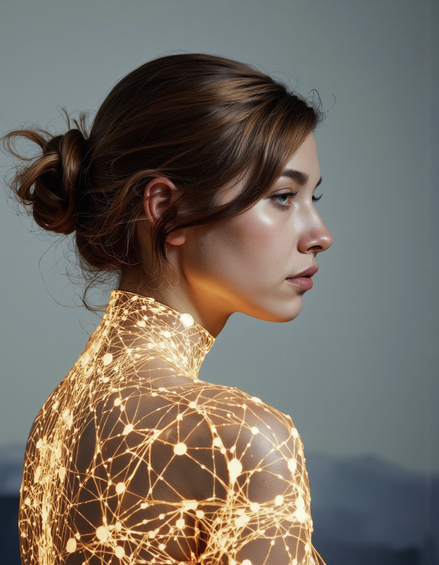 A photo-realistic portrait shoot from a profile camera angle about a close-up portrait of a young woman with a glowing, geometric pattern on her skin. the image also shows a woman with light skin, brown hair styled in a single hair bun, and large, expressive eyes. on the middle of the image, a 20 years old woman appears to be looking to the side, with a neutral expression. she is wearing a sheer, transparent bodysuit that highlights her bare shoulders and medium-sized breasts. her skin is smooth and smooth, with no visible blemishes or imperfections. her hair is styled in an elegant updo with loose strands framing her face. her lips are parted, and her nose is slightly upturned. the woman's skin is glowing with a golden, glowing effect, giving her a futuristic and ethereal appearance. the background is a gradient of light blue and dark grey, creating a soft and dreamy atmosphere. overall, the image has a high-quality, professional look with a focus on technology and elegance.