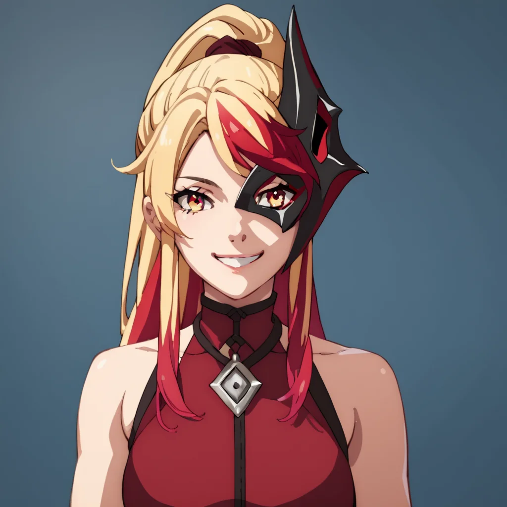 score_9, score_8_up, score_7_up, score_6_up, score_5_up, score_4_up, source_anime, Prisra, long hair, blonde hair, red hair, multicolored hair, ponytail, mask, smile, portrait