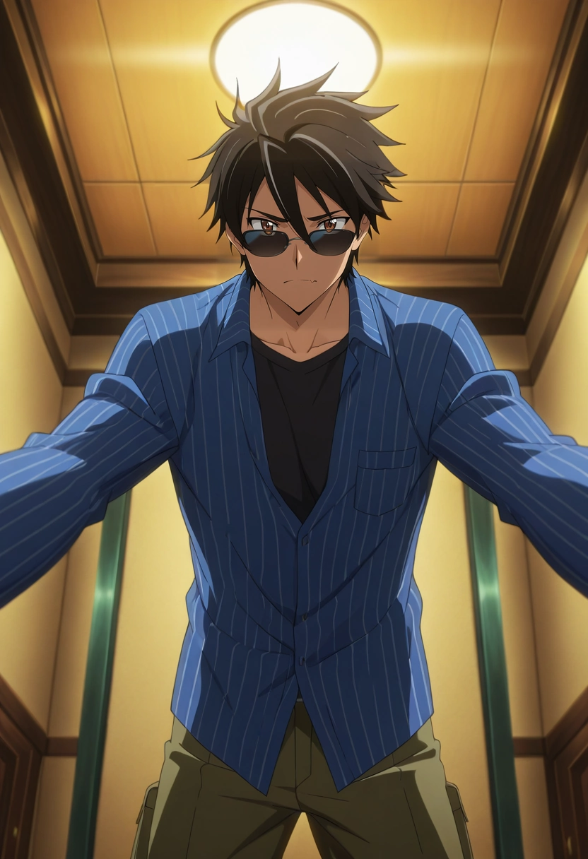 masterpiece, best quality, , anime screencap, anime coloring, official style, looking at viewer, 1boy, solo, male focus, <lora:takashi_komuro_ilxl:0.9>, takashi_komuro, black hair, brown eyes, short hair, hair between eyes, wide angle, wide shot, cowboy shot, skytree, indoors, light, (dynamic pose), skin fang, Lavender Damask Convertible cargo pants, Rayon Pinstripe shirt, , , Sunglasses and