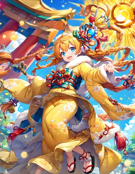 <lora:pony_xl_sol:0.9>,sol,score_9,score_8_up,score_7_up,source_anime,best quality,masterpiece,1girl,hair_ribbon,looking at viewer,smile,:d,open mouth,hair ornament,japanese clothes,yellow kimono,wide sleeves,obi,sandals,new year,japanese garden,sky,blue sky,lens_flare,strong rim light,bokeh,depth of field,