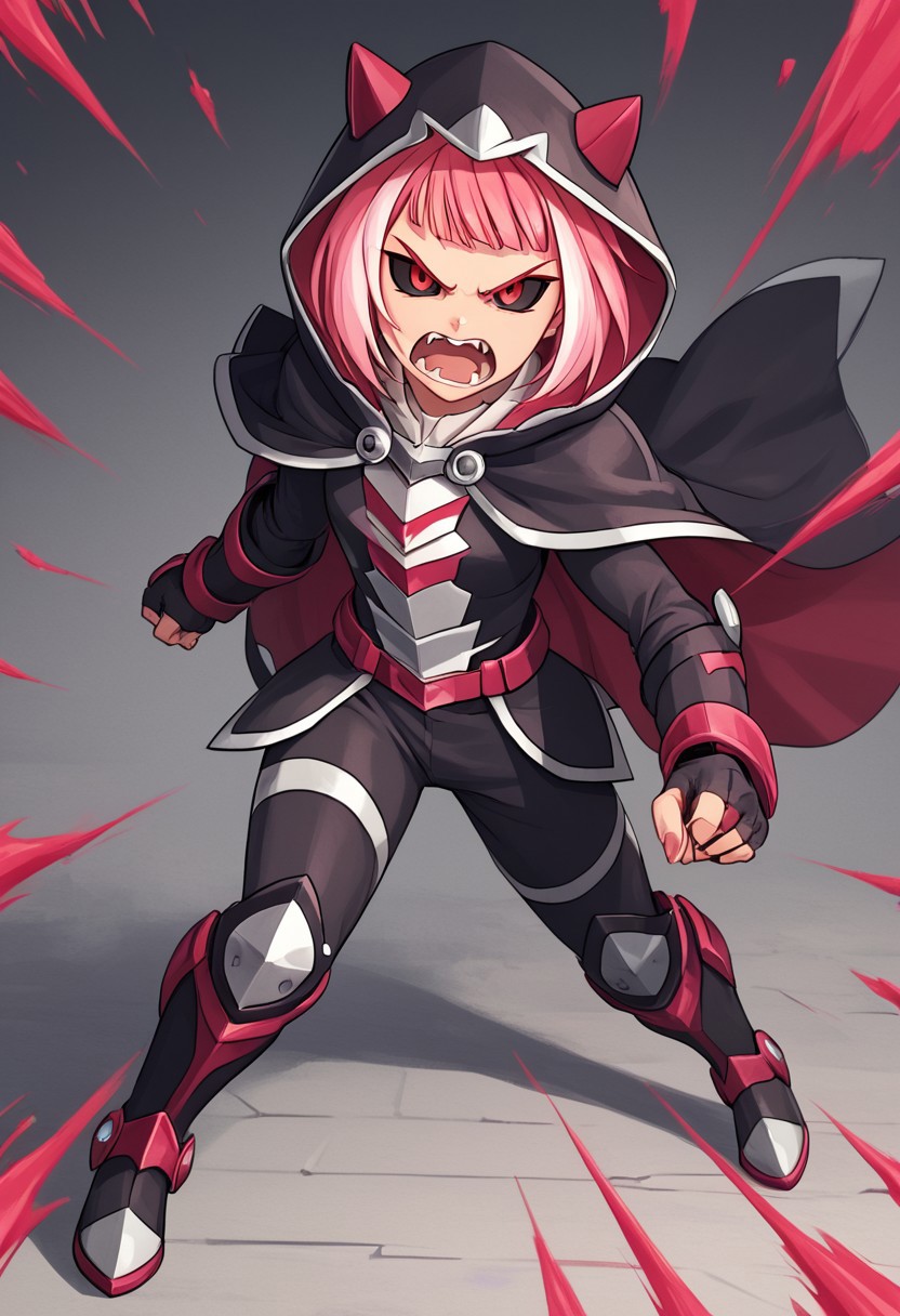 score_4,score_5,score_6,score_7_up,score_8_up,score_9
((masterpiece,best quality,ultra detailed,highres,HD,4k:1.2)),
1 girl,solo,full body, striped white hair, pink hair,short hair, bob cut, bangs, multi-colored hair, teeth,fangs, red eyes, black sclera, eyes with no highlights,head gear,
((Wear a hood,armor, cape,cloak, hooded armor,))
action pose,fighting pose,
Blood, blood splatter,
open mouth,frown,