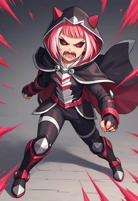 score_4,score_5,score_6,score_7_up,score_8_up,score_9
((masterpiece,best quality,ultra detailed,highres,HD,4k:1.2)),
1 girl,solo,full body, striped white hair, pink hair,short hair, bob cut, bangs, multi-colored hair, teeth,fangs, red eyes, black sclera, eyes with no highlights,head gear,
((Wear a hood,armor, cape,cloak, hooded armor,))
action pose,fighting pose,
Blood, blood splatter,
open mouth,frown,