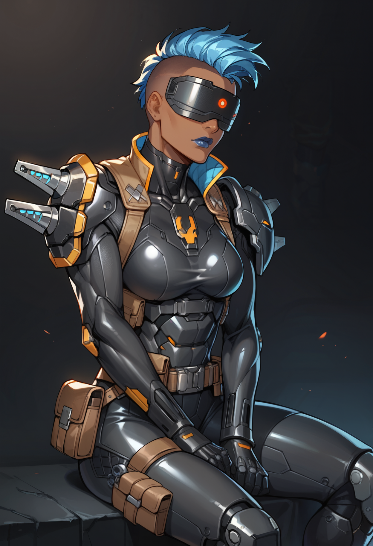 score_9,score_8_up,score_7_up,score_6_up,dark background,outt3ch,black bodysuit,science fiction,blue hair,mohawk,belt pouch,armor,dark-skinned female,no eyes,hidden eyes,shoulder spikes,visor,blue lips,black gloves,cyborg,mechanical legs,medium breasts,boots,sitting,       <lora:MyTrainings\Temp\Mad_Maggie_Outlawed_Tech_XL_Pony_ARZUMATA-000009.safetensors:0.5>
