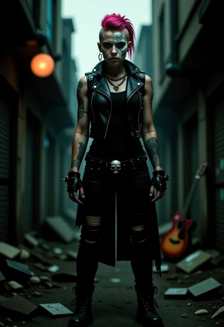 post-apocalyptic young woman with a punk aesthetic in a gritty urban environment, shaved left side and a mohawk styled on the right dyed a vibrant, magenta pink, intricate white skull and crossbones face paint, cybernetic implants visible on her face, sleeveless vikingpunk black leather jacket with various patches and symbols showing off her mechanical_arms, full-length black top, black skin-tight distressed jeans, multiple piercings, leather belt with decorative skull, black combat-style boots with chains and spikes, standing amidst a rough, dirty building, lean-muscular physique, numerous intricate tattoos, background with dystopian landscape, broken buildings, rusty pipes, abandoned guitar leaning against a wall, dim, neon-lit glow, atmosphere of rebellion and urban decay, fusion of cyberpunk and vikingpunk vibes. <lora:flux/aidmaImageUpgrader-FLUX-V0.2>, aidmaimageupgrader, <lora:flux/perfection style v3b>, perfection style v3, <lora:Magic of Art 2 (FLUX)>, Cinematic style, Beauty, Realism, Photorealism, Chiaroscuro, High quality, <lora:flux/Sinfully_Stylish_.02_for_FLUX-000002:0.8>,