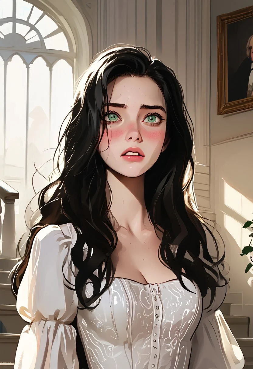 score_9, score_8_up, score_7_up, realistic, mansion, staircase, 1girl, 18 years old, nobility, somptuous revealing dress, expensive jewelry, perfect face, intricate features, light particles, gorgeous girl, (youthful:1.2), picture perfect, thin, long hair, black hair, green eyes, gorgeous, smokey eyes, slanky, skinny, dramatic lighting, sexy girl, pale skin, freckles, dynamic scene, feeling sick, blush, embarassed, vomit, puke, vomiting, puking