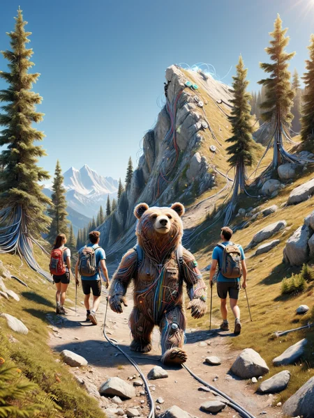 A group of friends, hiking on an adventurous mountain trail, encountering a curious ais-wirez bear on a sunny afternoon <lora:Electrical_Wires_Style_SDXL:1>