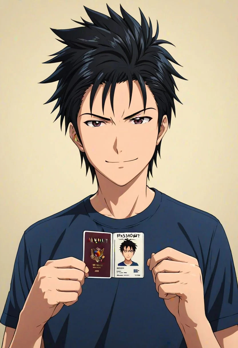 Highres, Masterpiece, High Quality, 4K, Soujiro Agata, 1boy, solo, black hair, T-Shirt, Look at The Viewer, angry, Smile, Realistic Light, passport_photo_style, Solid Color Background