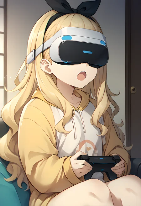 score_9, score_8_up, score_7_up, 1girl, 1girl, kurumi \(lycoris recoil\), blonde hair, hair ribbon, long hair, black ribbon, blue eyes, vr headset, head-mount display, indoors, long hair, open mouth, angry, playing games, holding console, tivi screen, sitting, indoor <lora:Concept_VR-headset:1> <lora:easynegative:1> <lora:Kurumi:1>
