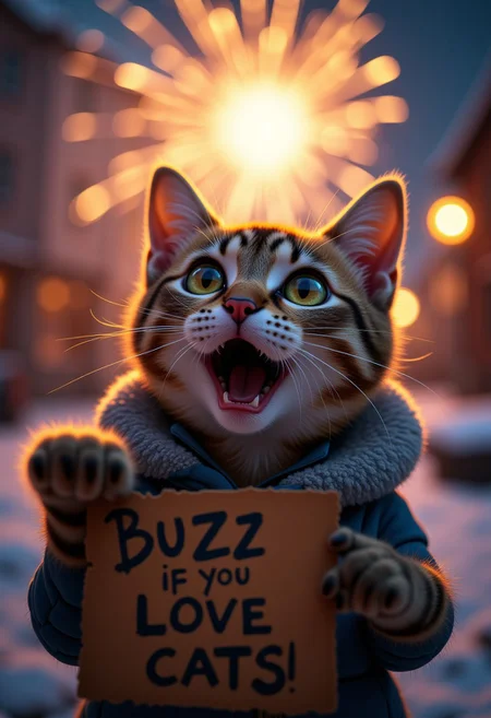 A cute cat, watching some fireworks with an over the top shocked facial expression, holding a sign it says "Buzz If You Love Cats!", realistic, cinematic shot, head tilted back, large eyes, pointing at the viewer, winter,