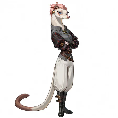 Veruca_D, Solo, 1girl, anthro, female furry, Weasel, white fur, pink hair, pink nose, blue eyes, eyelashes, bags under eyes, long tail, gold earrings, Gray collared shirt, waist belt, buckles, white pants, red and black puffy sleeves, black boots, fingerless gloves, full body, looking at viewer, standing, smile, arms crossed, white background,