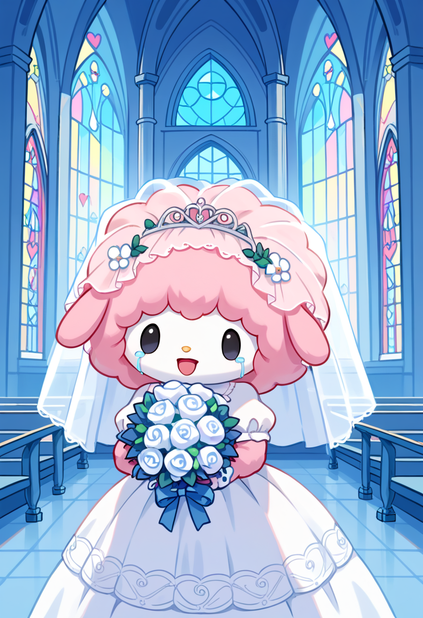 score_9, score_8_up, score_7_up, score_6_up, score_5_up, BREAK
mysweetp, open mouth, smile, dot eyes, furry, chibi, feral, (pink fur), white face, black eyes, solo, 1 girl, church, wedding dress, wedding veil, holding bouquet, crying,