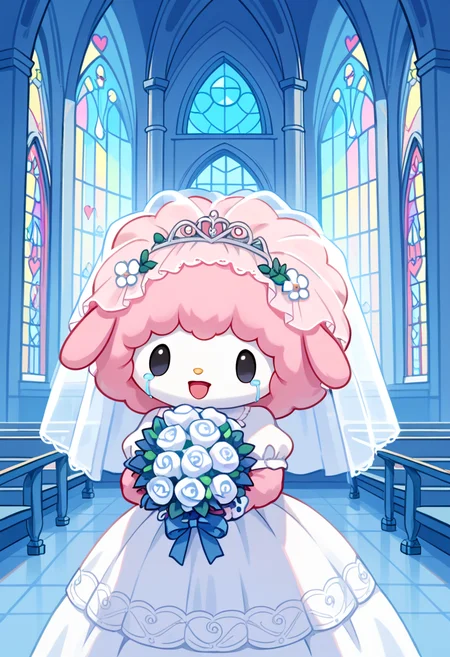 score_9, score_8_up, score_7_up, score_6_up, score_5_up, BREAK
mysweetp, open mouth, smile, dot eyes, furry, chibi, feral, (pink fur), white face, black eyes, solo, 1 girl, church, wedding dress, wedding veil, holding bouquet, crying,