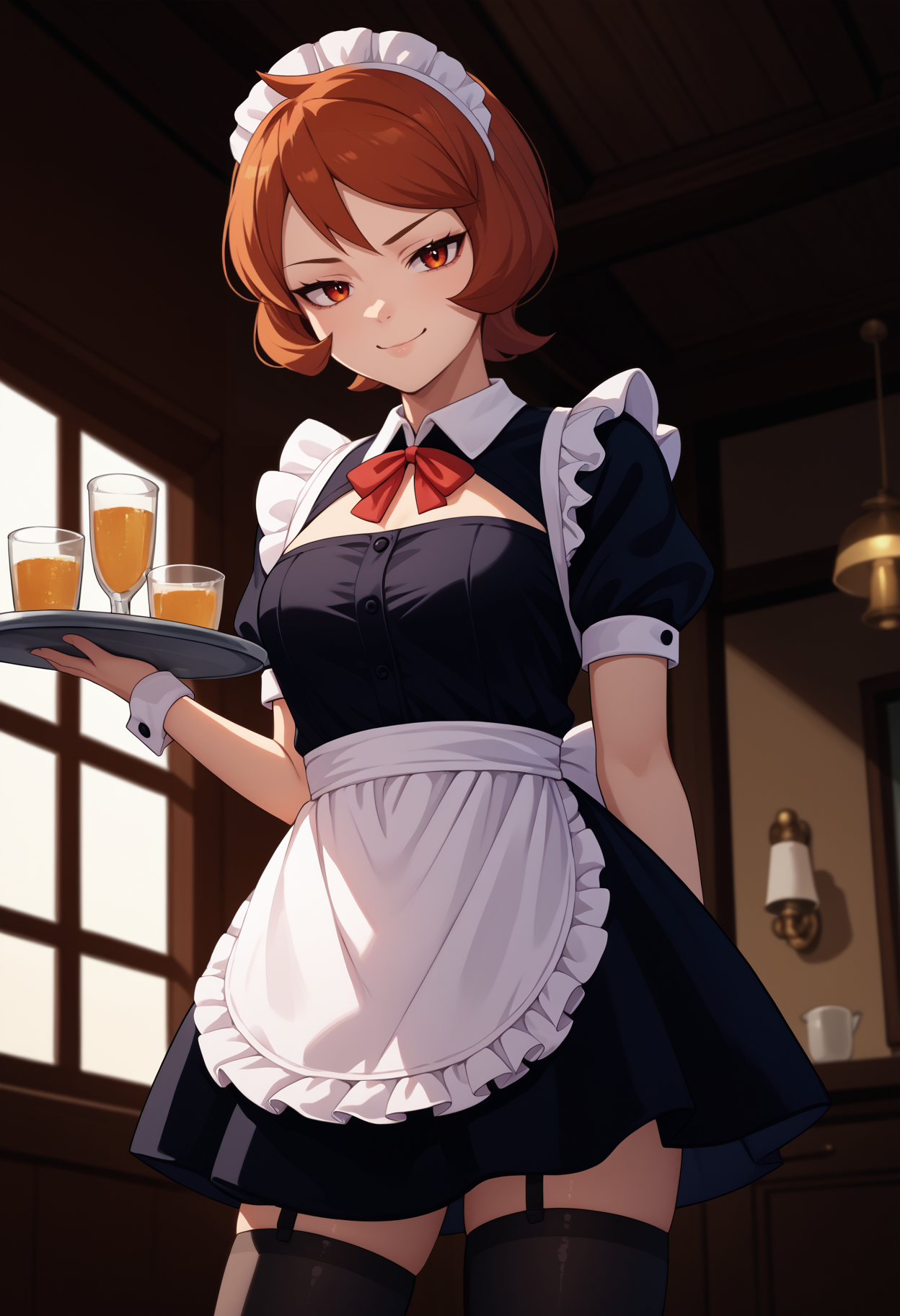 score_9, score_8_up, score_7_up, source_anime, <break> solo, 1girl, ar3zu, smug, looking at viewer, standing, holding tray, cowlick, maid headdress, maid, frills, black dress, puffy short sleeves, maid apron, white apron, black thighhighs, indoors
<segment:yolo-face_yolov8m.pt,0.4,0.5//cid=1>