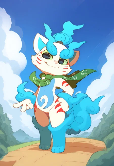 score_9, score_8_up, score_7_up, anthro, male,solo, antropomorphic ,shishikoma, komainu, white body, blue belly, flame tail, flame ponytail, blue flames, green cape, green sclera,by Backsash,nose,black eyes,four fingersJapanese temple background,battle position,outdoors,battle