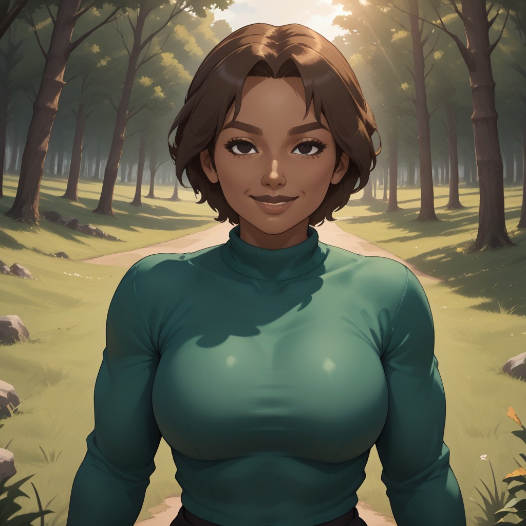 score_9, score_8, BREAK, solo, wii, mii, wii sports, 1girl, female mii, brown hair, black eyes, brown eyebrows, brown lips, lipstick, plump, dark skin, dark green clothing, black pants, shoes, nintendo mii, modern_mii, classic_mii, big breasts, Delilah_(Wii_Sports), sexy pose, self portrait, smile, outdoors, sunlight, shadows, evening lighting, natural lighting, forest, trees, grass, orange sky, sunset