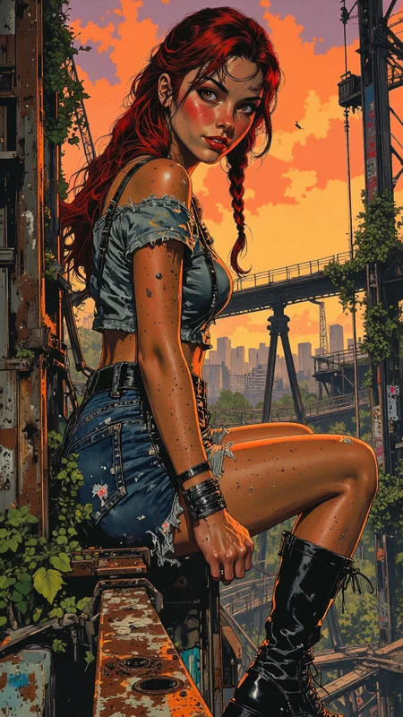 High-resolution anime-style illustration with expressive brushstrokes, bold contrasts, and a cinematic golden-hour glow. A young woman sits relaxed on the rusted track of an abandoned roller coaster, one leg dangling over the edge as the sun sets behind the twisted metal structure. Her fiery red hair is styled into loose, tousled twin braids, a few strands escaping and catching the warm light. Her deep hazel eyes shimmer with mischief as she tilts her head slightly, an amused smirk playing on her lips. She wears a cropped, off-shoulder top with frayed edges, exposing her toned midriff, paired with high-waisted, distressed denim shorts and knee-high combat boots. One arm rests lazily over the rusted rail, while her other hand lightly holds onto a loose safety harness, as if daring fate. Vines and graffiti creep along the towering steel beams, their faded colors blending into the warm oranges and deep purples of the sky. Beyond the overgrown amusement park, the distant city skyline glows faintly, barely visible through the hazy air, adding a sense of nostalgia and mystery to the scene <lora:illustration:0.5> <lora:Vibrantly_Dark_style_v.1:0.7000000000000001> <lora:Vintage_comic_book:0.8>