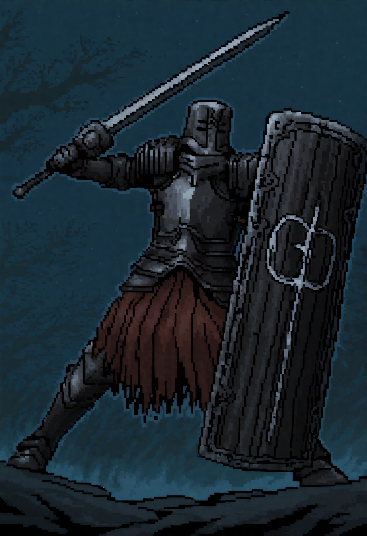 masterpiece, best quality, newest, absurdres, highres, outdoors, night, ambiguous gender, solo, dsbit, black helmet, black armor, black breastplate, black Pauldrons, black Cuirass, black Gauntlets, tunic under armor, black Greaves, holding sword, holding shield, incoming attack, dynamic pose, foreshortening, full body, jumping, fighting stance, pixel art,   <lora:Black_Iron_Tarkus_Illustrious-000009:1>