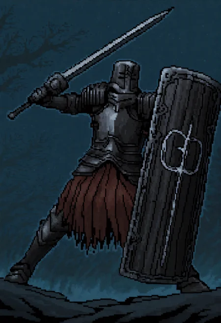 masterpiece, best quality, newest, absurdres, highres, outdoors, night, ambiguous gender, solo, dsbit, black helmet, black armor, black breastplate, black Pauldrons, black Cuirass, black Gauntlets, tunic under armor, black Greaves, holding sword, holding shield, incoming attack, dynamic pose, foreshortening, full body, jumping, fighting stance, pixel art,   <lora:Black_Iron_Tarkus_Illustrious-000009:1>