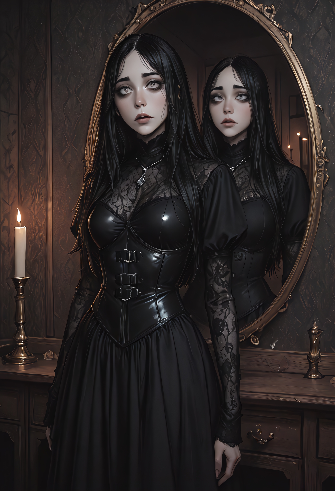 darkmode, (((best quality))), (((masterpiece))), (((amazing quality))), (((very aesthetic))), (((detailed eyes))), (((perfect eyes))), (((realistic eyes))), pale-skinned goth girl standing near an antique mirror, soft candlelight reflecting off her black leather corset and sheer mesh top, long black hair with full bangs, thick black glasses glowing subtly, deep eye contact with viewer, dark velvet curtain background, cinematic shadows, soft rim lighting, gothic jewelry, moody noir tone, faint haze, introspective atmosphere, 58mm lens,