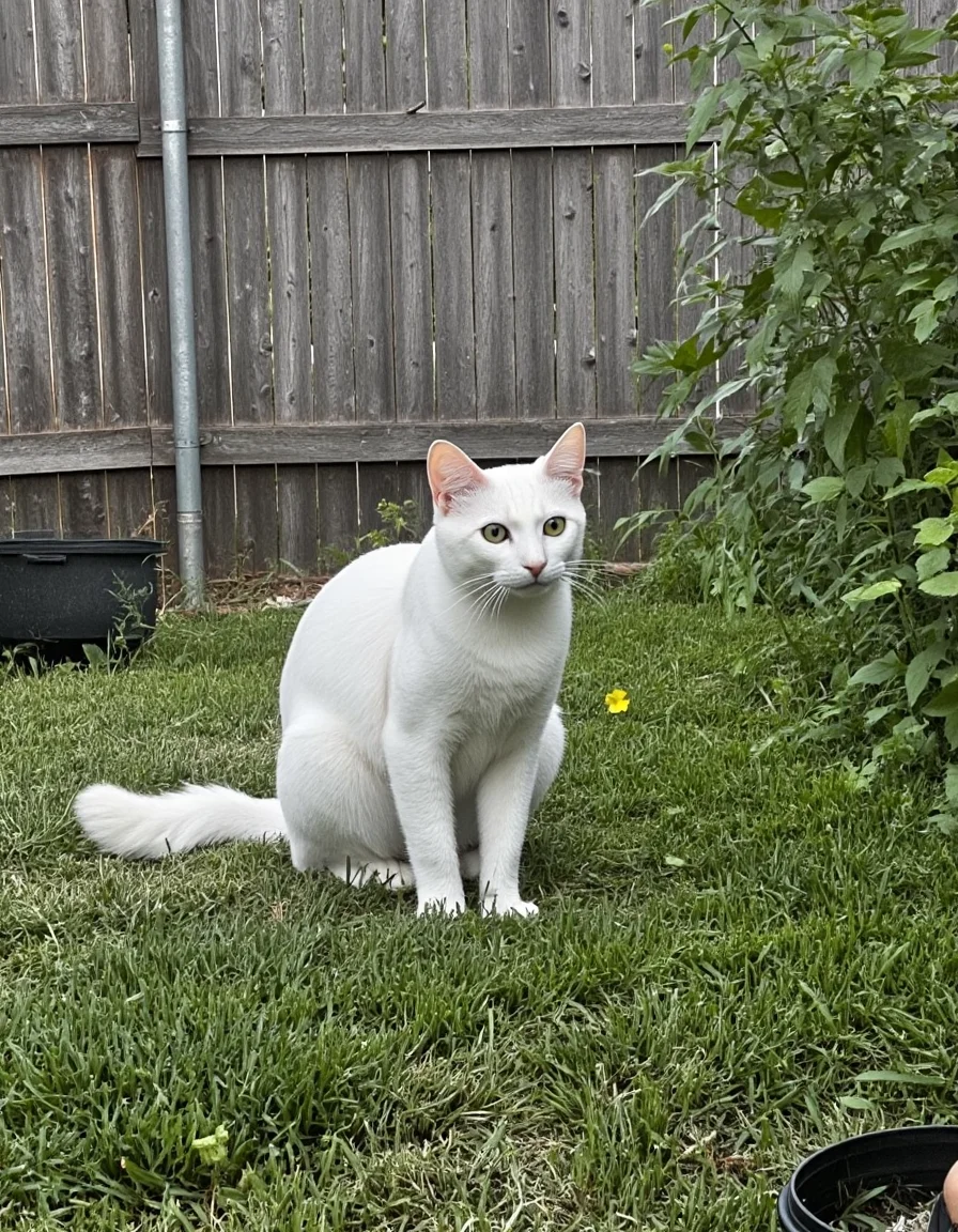 realistic photo of vanillacat, a white cat, ultra high quality, very detailed fur, sharp focus, highly detailed, <lora:uai_VanilyaCat_v102:1>, <lora:Backyard_Suburbs:1>, Backyard_Suburbs backyard background, fence, plants, buckets