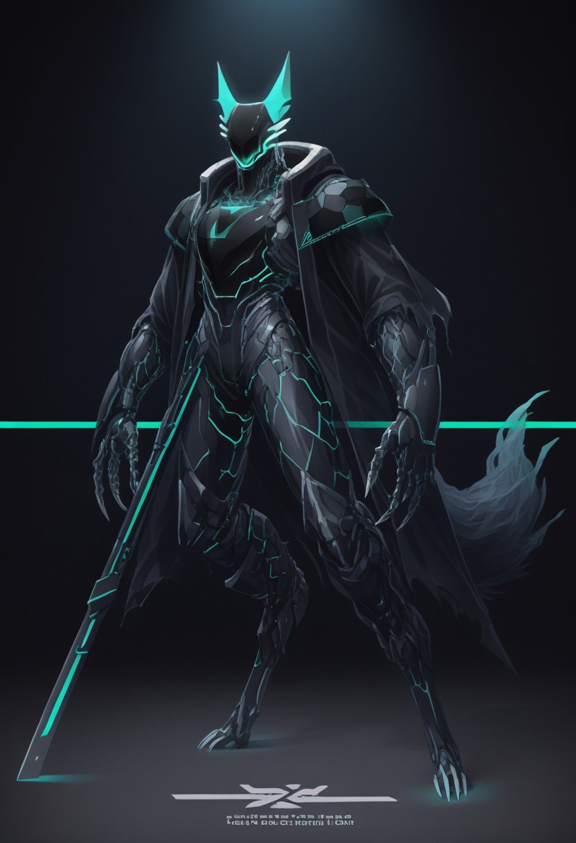 (((werewolf)))(stunning, magnificent, HD, photorealistic, dramatic lighting, intricate details, armor beautiful patterns, realistic , mythical, legendary, powerful, cinematic,, masterpiece, perfect anatomy, perfect composition, perfect hand,), , glowing core on armor, armor highly detailed patterns on armor), torn cloak , full body fits into the image, full body visible, ), claws, gauntlet, digital illustration of a futuristic, armored humanoid figure. The subject is dressed in a highly detailed, dark, and bulky exosuit with intricate mechanical components and white accents. The suit features various textures and layers, including a cloak-like garment with angular, geometric shapes. The figure's head is adorned with a helmet that has two antenna-like protrusions and a visor, giving it a robotic appearance. The suit has several logos and text in white, including a prominent circular emblem on the chest and arm. The overall design is sleek and modern, with a strong emphasis on technology and advanced, ,(((huge arms with cylinders mechanical components)))