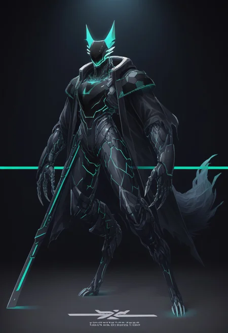(((werewolf)))(stunning, magnificent, HD, photorealistic, dramatic lighting, intricate details, armor beautiful patterns, realistic , mythical, legendary, powerful, cinematic,, masterpiece, perfect anatomy, perfect composition, perfect hand,), , glowing core on armor, armor highly detailed patterns on armor), torn cloak , full body fits into the image, full body visible, ), claws, gauntlet, digital illustration of a futuristic, armored humanoid figure. The subject is dressed in a highly detailed, dark, and bulky exosuit with intricate mechanical components and white accents. The suit features various textures and layers, including a cloak-like garment with angular, geometric shapes. The figure's head is adorned with a helmet that has two antenna-like protrusions and a visor, giving it a robotic appearance. The suit has several logos and text in white, including a prominent circular emblem on the chest and arm. The overall design is sleek and modern, with a strong emphasis on technology and advanced, ,(((huge arms with cylinders mechanical components)))