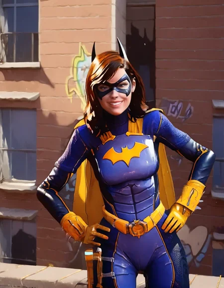 Batgirl, bodysuit, hands on hips, latex outfit, domino mask, smile, looking at viewer, source_9, rooftop, graffiti, <lora:Batgirl_-_Gotham_Knights_Pony:1>