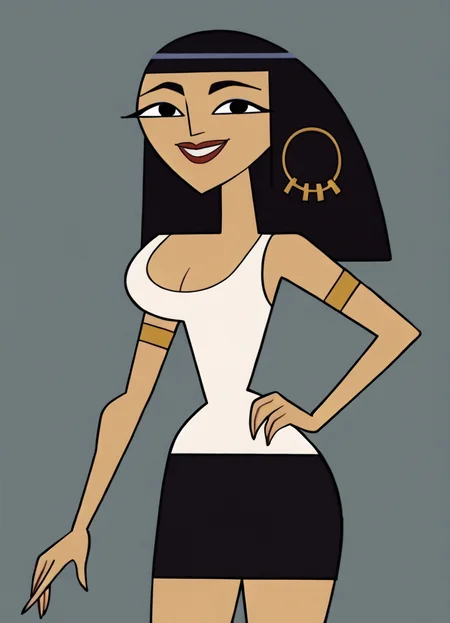 <lora:CleoCHPony1.0:1> cleo, 1girl, solo, hoop earrings, cleavage, long hair,smile,white tank top, black eyes, black skirt, lipstick, armlet, bangs, score_9, score_8_up, score_7_up, score_6_up, score_5_up, score_4_up, looking at viewer, hand on own hip, cowboy shot,simple background,