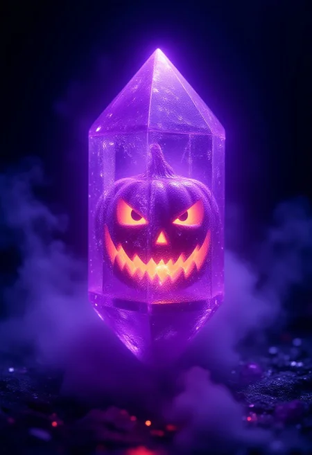 A magnificent, glowing purple crystal floats in mid-air, radiating an otherworldly aura. Inside the transparent crystal is an intricately detailed jack-o'-lantern, its carved face illuminated with a soft, flickering orange glow. The jack-o'-lantern's expression is mischievous, with sharp, angular eyes and a wickedly grinning mouth. The crystal reflects shimmering light in all directions, creating beautiful, vivid reflections on the surroundings. Ethereal energy pulses around it, casting a haunting glow across the dark, misty environment. The background is subtle, ensuring the focus remains entirely on the floating crystal and the mesmerizing jack-o'-lantern inside.