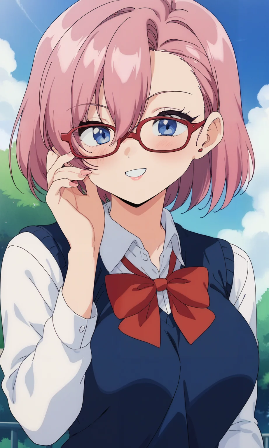 score_9, score_7_up, source-anime, vum, <lora:ririsa-ponyV1:1>, ririsa_wz, blue eyes, short hair, pink hair, glasses, breasts, hair between eyes, white shirt, long sleeves, collared shirt, blue sweater vest, asymmetrical bangs, red bowtie, school uniform, upper body, light smile, outdoors, park, nature, day, blue sky, adjusting eyewear