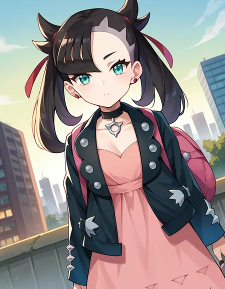 score_9, score_8_up, score_7_up, source_anime,
pokemonmarnie, <lora:pokemon-marnie-ponyxl-lora-nochekaiser:1>
pokemonmarnie, aqua eyes, asymmetrical bangs, asymmetrical hair, black hair, hair ribbon, long hair, red ribbon, ribbon, twintails,
backpack, bag, black choker, black jacket, choker, dress, earrings, jacket, jewelry, long sleeves, open clothes, pink bag, pink dress,
outdoors, cityscape,
looking at viewer, cowboy shot, dutch angle,