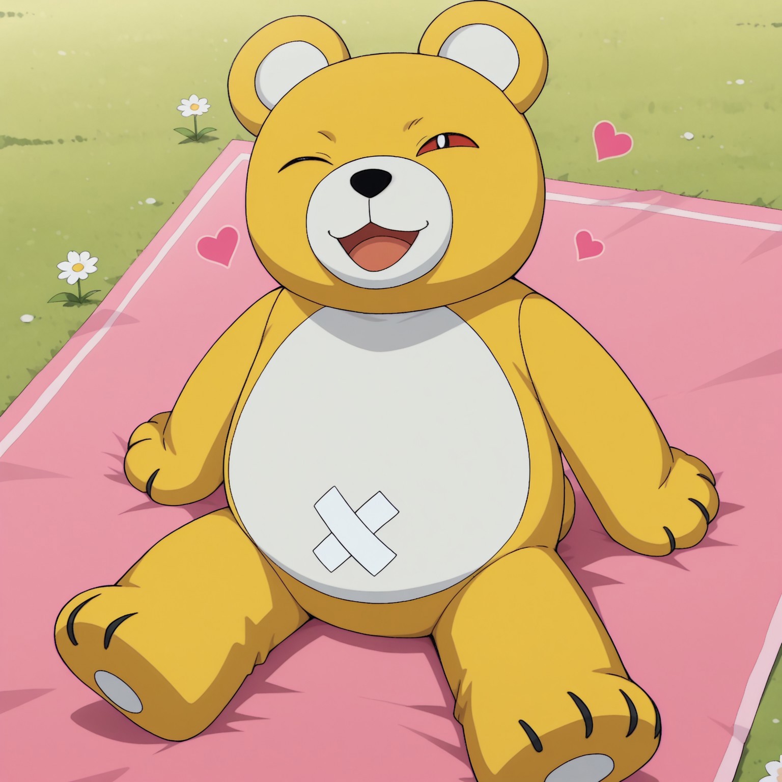 Monzaemon, digimon (creature), male, plush body, bear ears, red sclera, black nose, black pupils, yellow skin, white skin, two-tone skin, 

BREAK from above, sitting on picnic blanket, smile, looking at viewer, flowers, outside, outdoors, (winking, hearts)

BREAK best quality, amazing quality, very aesthetic, absurdres, newest, masterpiece, high quality