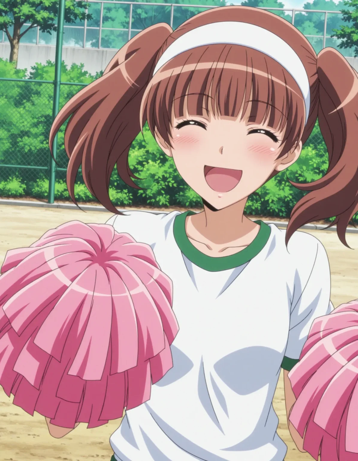 1girl,solo,anime screencap,kaichou wa maid-sama!,
<lora:hanazono_sakura_kaimei_v1_IL:0.7>,hanazono_sakura,bangs,blunt bangs,twintails,brown hair,white t-shirt,white hairband,gym uniform, cheerleader,(pink pom pom \(cheerleading\):1.3),gym shirt,green gym shorts,hachimaki, short sleeves,
<lora:dmd2_sdxl_4step:1>,smile,outdoors,mouth,school,open mouth, ^_^,upper body,