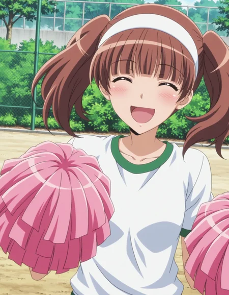 1girl,solo,anime screencap,kaichou wa maid-sama!,
<lora:hanazono_sakura_kaimei_v1_IL:0.7>,hanazono_sakura,bangs,blunt bangs,twintails,brown hair,white t-shirt,white hairband,gym uniform, cheerleader,(pink pom pom \(cheerleading\):1.3),gym shirt,green gym shorts,hachimaki, short sleeves,
<lora:dmd2_sdxl_4step:1>,smile,outdoors,mouth,school,open mouth, ^_^,upper body,