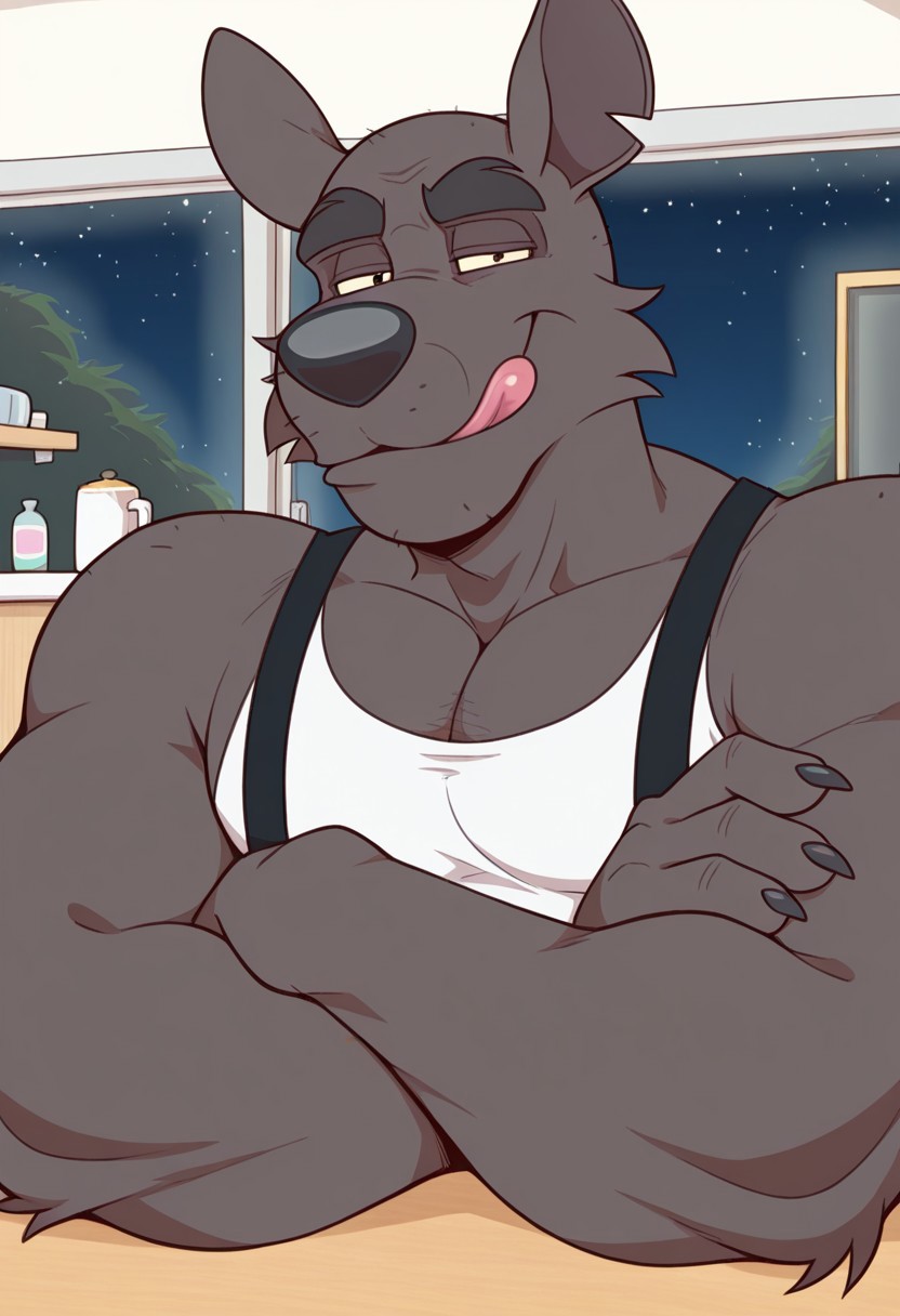 detail background, anthro kangaroo, solo, 1boy, masculine, fat, brown body/fur, thick eyebrows, black eyes, no hair, kangaroo tail, short ears, black nose, pointed ears, thick arms, large claws, three toes, white tank top with black suspenders, light blue pants, BREAK sitting, indoors, inside, kitchen, on chair, relaxed, leaning forward, arms on table, looking at viewer, smug expression, close up, male focus, half eyes open, at night, dark atmosphere, detailed lighting, licking lips, crossed arms, arms crossed