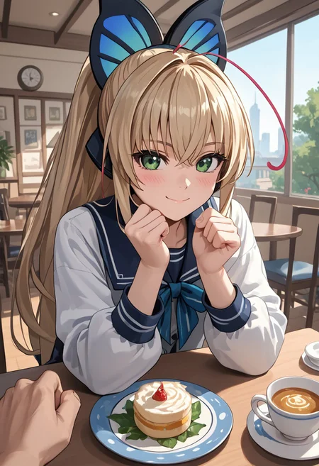 score_4,score_5,score_6,score_7_up,score_8_up,score_9 ((masterpiece,best quality,ultra detailed,highres,HD,4k:1.2))
oekaki,jaggy lines,
1 girl,solo,girl forcus,solo forcus, 
Lumen, blonde hair, light blonde hair, long hair, bangs, green eyes, ponytail, butterfly hair ornament, antennae,
 indoor, cafe, pov date, across table pov, across table, sitting, hand, right_hand, right_hand fist, right_hand touching face, left_hand, left_hand on table, left_hand placed horizontal,
happy,smile,blush