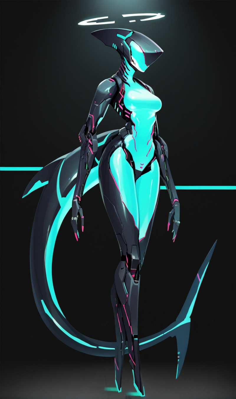 Score_9, score_8_up, score_7_up, score_6_up,  source_anime, 1girl, solo, full body, black backdrop, robot girl,  neon trim, glowing bodysuit, halftones, medium breasts, halo, glowing eyes,  <lora:HORiZON_DOLLS_by_EchanisEnicha-000010:1>, BREAK, shark woman,