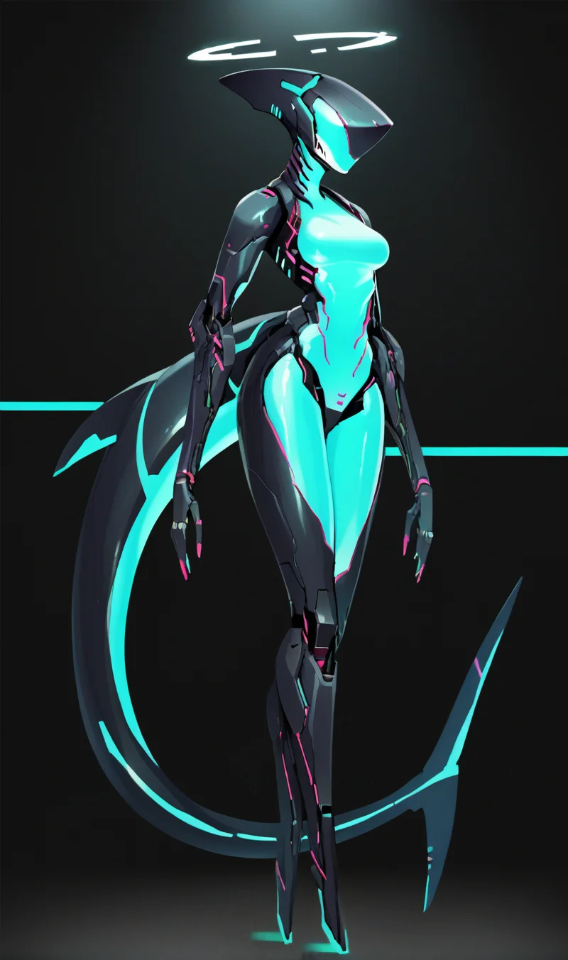 Score_9, score_8_up, score_7_up, score_6_up, source_anime, 1girl, solo, full body, black backdrop, robot girl, neon trim, glowing bodysuit, halftones, medium breasts, halo, glowing eyes, <lora:HORiZON_DOLLS_by_EchanisEnicha-000010:1>, BREAK, shark woman,