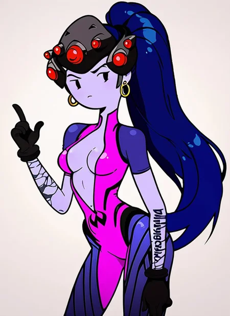 <lora:Adventure_Time_Style_LORA:1>, score_9, score_8_up, score_7_up, , adventure time style, flat color, vector ilustration, (dot eyes), round face,,,,, masterpiece, high quality
Widowmaker, colored skin, long hair, ponytail, head-mounted display, purple bodysuit, stud earrings, single pauldron, single vembrace, gloves, tattoo on arm, center opening, cleavage, purple skin