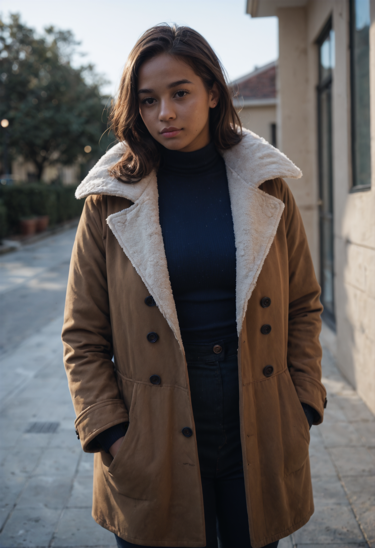 score_9, score_8_up, score_7_up, source_photo, wide-angle lens, cold moonlight, 1girl, Young Adult Early Adulthood, curvy, Medium Brown skin, Brown hair, Coat, conservatory, three-quarter view, rating_safe